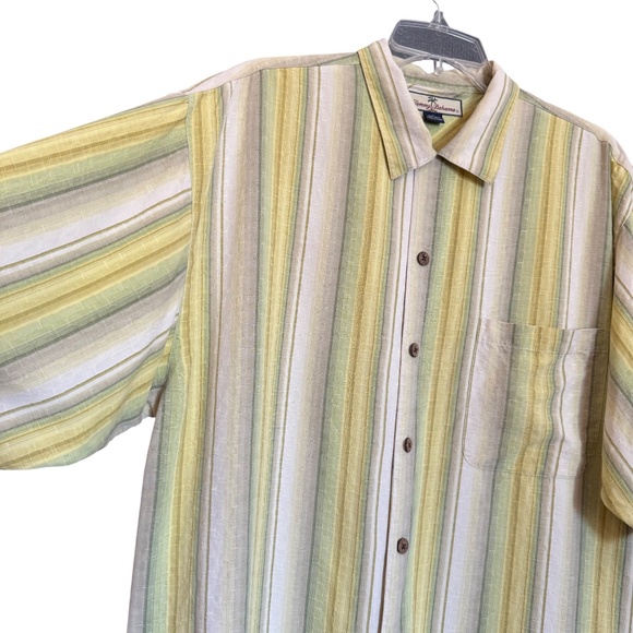 Vintage Tommy Bahama 100% Silk Green & Yellow Stripe Casual Button Front Shirt L - Picture 4 of 9